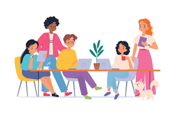 Coworking with Man and Woman at Workspace at Computer Vector Illustration