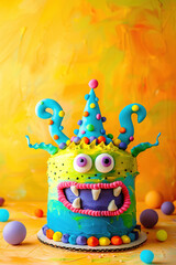 Fototapeta premium Colorful background with monster Birthday cake, balloons and copy space. Festive backdrop with empty space for text. Greeting card for children. Playful, vibrant design. Event for kids.