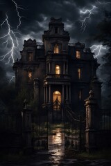 Obraz premium A very scary looking old mansion, a scary sight in the dark of night with lightning. 