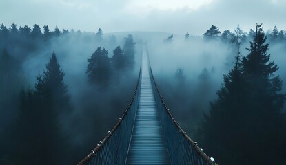 Obraz premium A long wooden bridge over the forest, surrounded by misty clouds and tall trees, symbolizing adventure and exploration. 