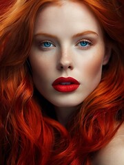 Fototapeta premium A stunning scandinavian beauty with fiery red hair and bold red lips, illuminated by vibrant contrasting lights.