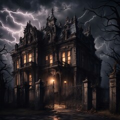 Fototapeta premium A very scary looking old mansion, a scary sight in the dark of night with lightning. 