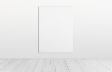 Vertical art canvas on wall in a clean room with wooden floor. Ideal for art canvas mockup and presentation, showcasing artwork in a polished and stylish setting