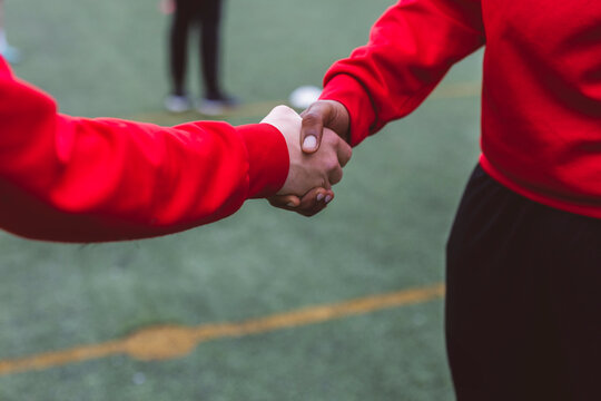Soccer players shaking hands on field
