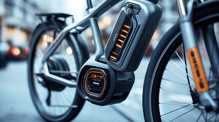 Close-up view of an electric bicycle with a focus on the battery and motor, set against an urban background.