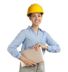 Engineer in hard hat with laptop on white background