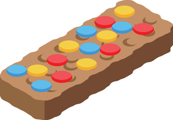 Chocolate bar with colorful button shaped candy pieces isometric icon vector illustration