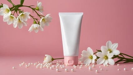 skin care product bottle, lotion ,shampoo, facewash with with white flowers and pearls pink background