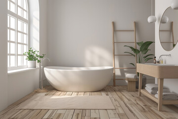 Fototapeta premium A tranquil bathroom features a stunning freestanding tub, wooden accents, and natural light, creating a relaxing atmosphere for comfort and calmness