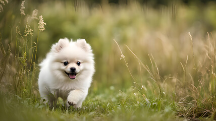 white pomeranian puppy walk in the field