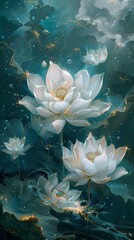 Artistic aquamarine and gold flower abstract graphic poster background