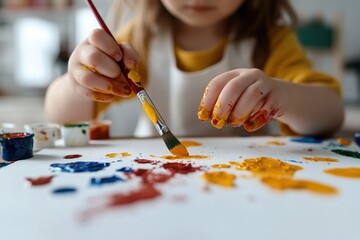 Naklejka premium Exploring Tactile Artistry - Child Painting Dots with Finger Paints on Canvas