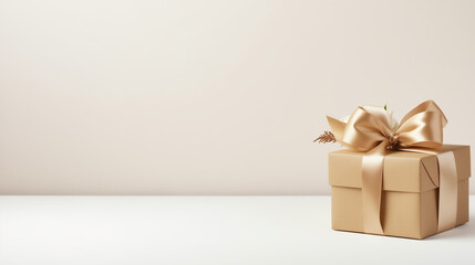 A neatly wrapped gift box sits with a golden ribbon, complemented by floral accents, on a smooth tabletop, inviting anticipation and joy, copy space