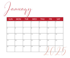 January 2025 Calendar. Vector calendar. Week starts sunday. Calendar template in minimal design
