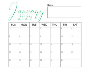 January 2025 Calendar. Vector calendar. Week starts sunday. Calendar template in minimal design