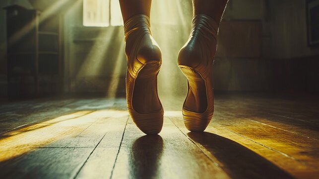 A pair of pointe shoes on a wooden floor in a dance studio