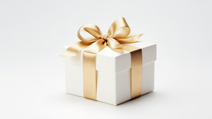 Obraz premium A neatly wrapped gift box sits on a white surface, adorned with a shiny golden ribbon, perfect for celebrations or surprises