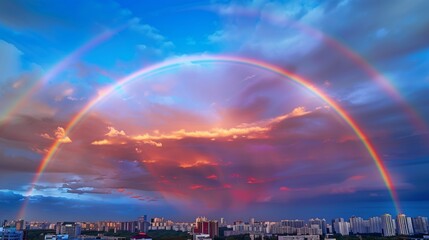 A vibrant rainbow arching over a cityscape after a passing rainstorm, with cumulonimbus clouds dissipating in the background.