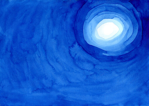Blue watercolor painting of glowing moon or light at end of tunnel