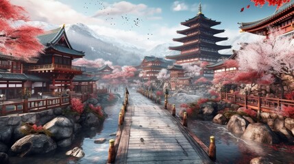 Obraz premium A beautiful Japanese city with cherry blossoms and a bridge