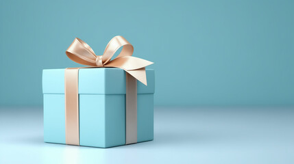 A present with a light blue exterior and a ribbon sits on a smooth surface, waiting to be opened for a joyous celebration, copy space