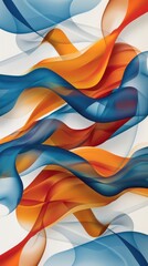 Bright waves of orange and blue swirl together, creating a dynamic abstract display on a light background
