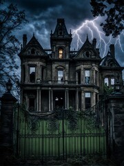 Obraz premium A very scary looking old mansion, a scary sight in the dark of night with lightning. 