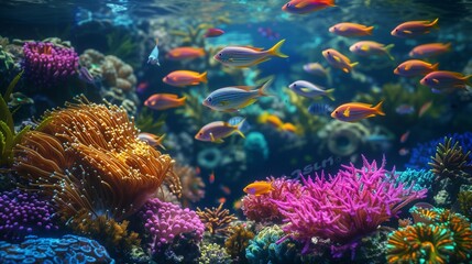 A vibrant school of tropical fish swimming gracefully through a coral reef, surrounded by colorful corals and sea plants