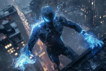 Fototapeta premium Futuristic woman astronaut dances in neon light spaceship