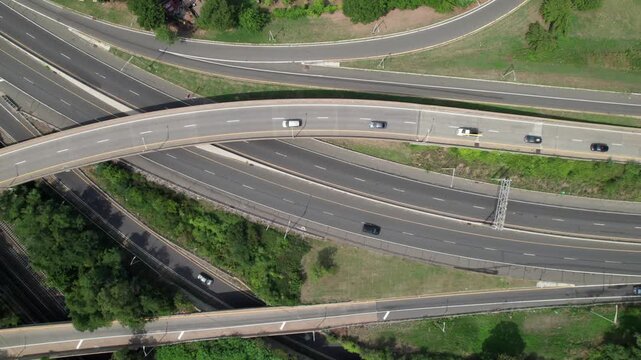 Overhead aerial of highways and ramps on the New Jersey Turnpike, 4k drone shot