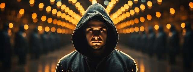cybersecurity and hacker,coding,malware concept.Hooded computer hacker in cybersecurity on server room background.metaverse digital world technology.