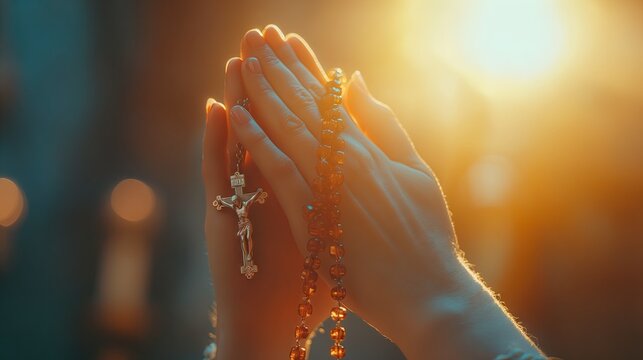 Close up Christian praying hands with rosary beads