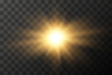 Yellow glowing light burst explosion with transparent. Vector illustration for cool effect decoration with ray sparkles. Bright star. Transparent shine gradient glitter, bright flare. Glare texture.