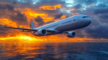 Fototapeta premium A large jetliner flying over the ocean at sunset