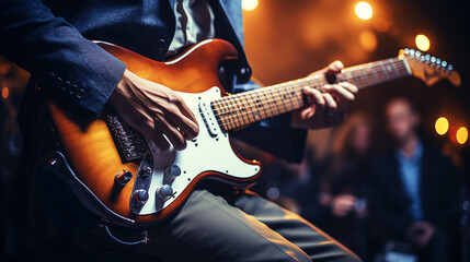 Obraz premium Guitarist on stage and sings at a concert for background, soft and blur concept