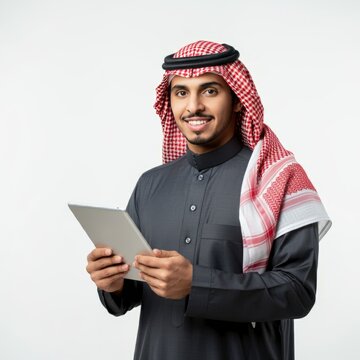 Portrait of Arab businessman holding digital tablet

