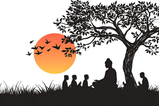 Person meditating in front of a beautiful sunset. Lord of Buddha sermon to five ascetics and was enlighten become first monk of Buddhism