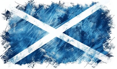 Grunge painted Scotland flag. Template for invitation, poster, flyer, banner, etc. Abstract watercolor splashes flag of Scotland. Saint Andrew day concept.