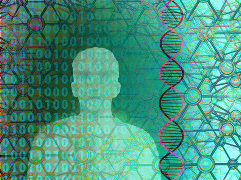 Illustration of abstract binary codes with human DNA structure