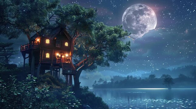 A magical tree house glowing softly under the full moon, nestled among the branches of a large tree, creating an enchanting and drea Seamless looping 4k time-lapse virtual video animation Generated AI