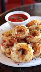 Fototapeta premium Plate Of Delicious Fried Calamari Rings Served With Marinara Sauce On Restaurant Table,