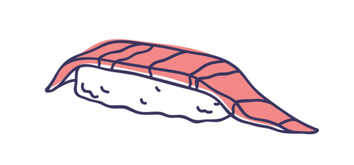 Nigiri sushi. Rice topped with raw red fish. Traditional Japanese cuisine, eating. Japan Asian food with salmon, tuna slice. Outlined contoured vector illustration isolated on white background