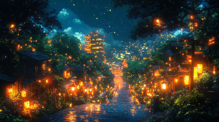 Fototapeta premium Anime Style Nighttime Urban Scene with Lanterns, Illuminated Pagoda, Rainy Atmosphere, Serene Street, Peaceful Mood, Concept of Traditional Meet Modern Cityscape
