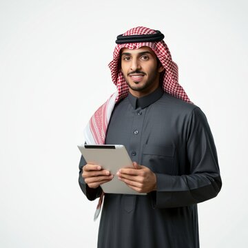 Portrait of Arab businessman holding digital tablet
