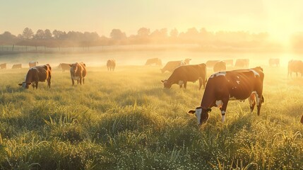 A herd of cows graze in a lush green field at sunrise, bathed in warm golden light.