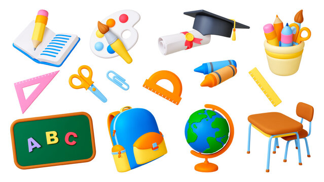 3d school supplies. Education lesson icons render style. Pencil globe school bag diploma scroll graduation hat. Pithy vector realistic collection