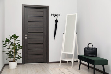 Mirror, bench and houseplant in hallway. Interior design