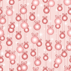 Christmas or New Year seamless pattern with balls and stars of pastel pink color. Lots of shiny decorations hanging on ribbons. Vector monochrome print for holiday design or gift wrapping paper.