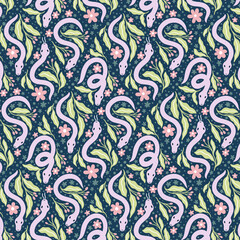 Geometrical pattern with hand drawn flowers and snakes. Print for greeting card, wrapping paper, textile, wallpaper and invitation background.