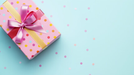 A colorful gift box with a bow lies on a light blue background dotted with pink and yellow circles, ready for a joyful celebration, copy space